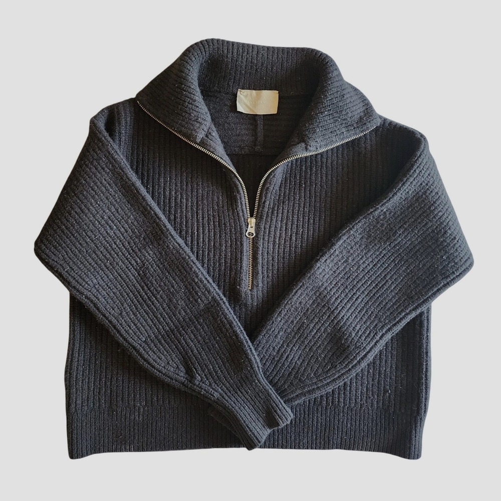 Everlane Women Black 100% Wool Ribbed Half Zip Pullover Sweater Size S